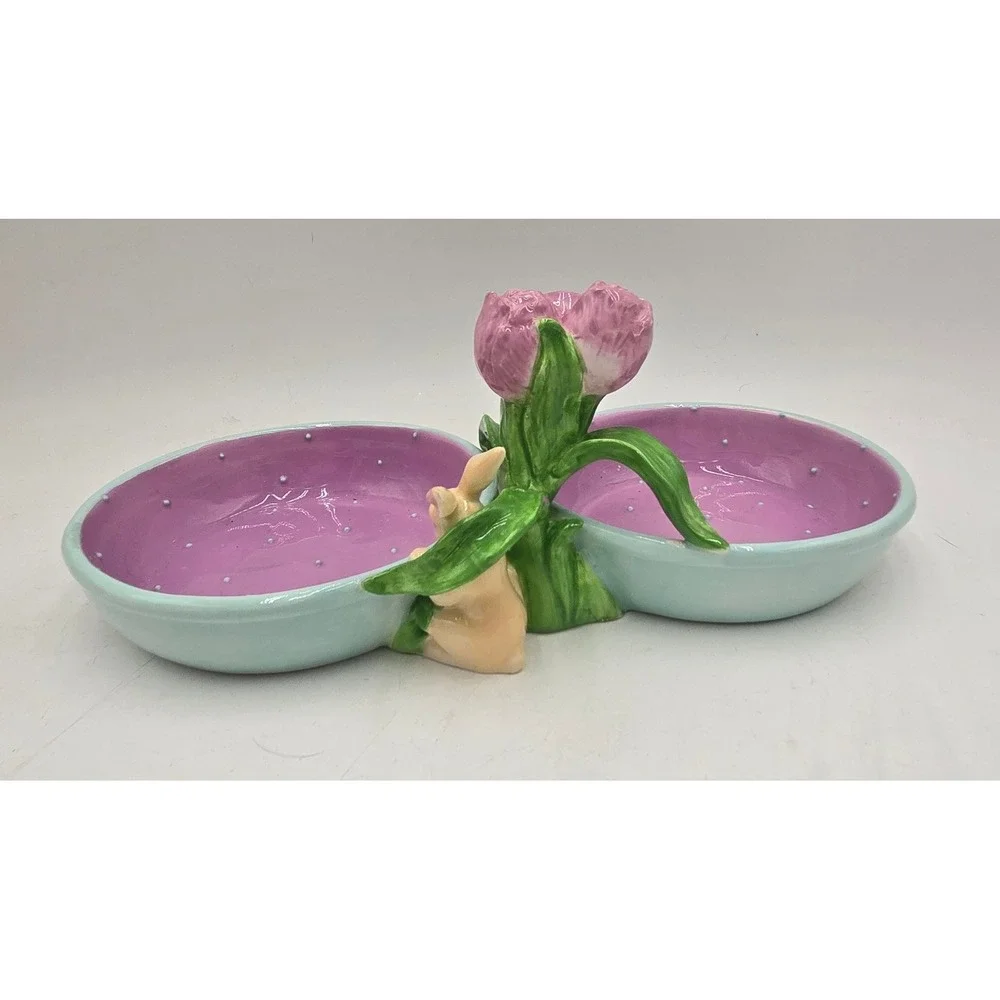 Magenta Seasonal Collection Easter Bunny Tulip Double Condiment Dish Purple Blue